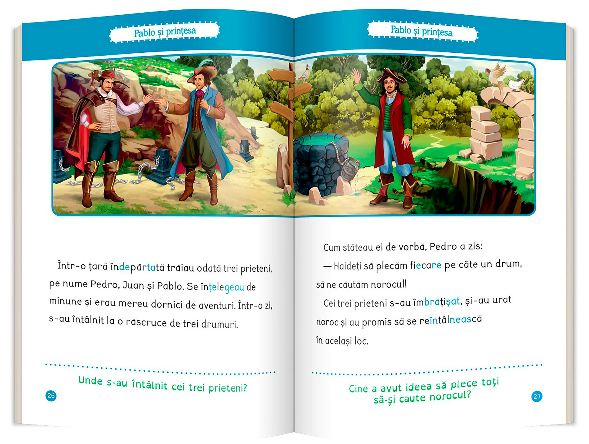 Double page spread of a children’s book in the series, shows a thick blue bar at the top going across the double page spread. Then a wide illustration of 3 men standing in a forest location, with direction signage signs. Below, shows large black body text, the dotted rules below, with text in green below