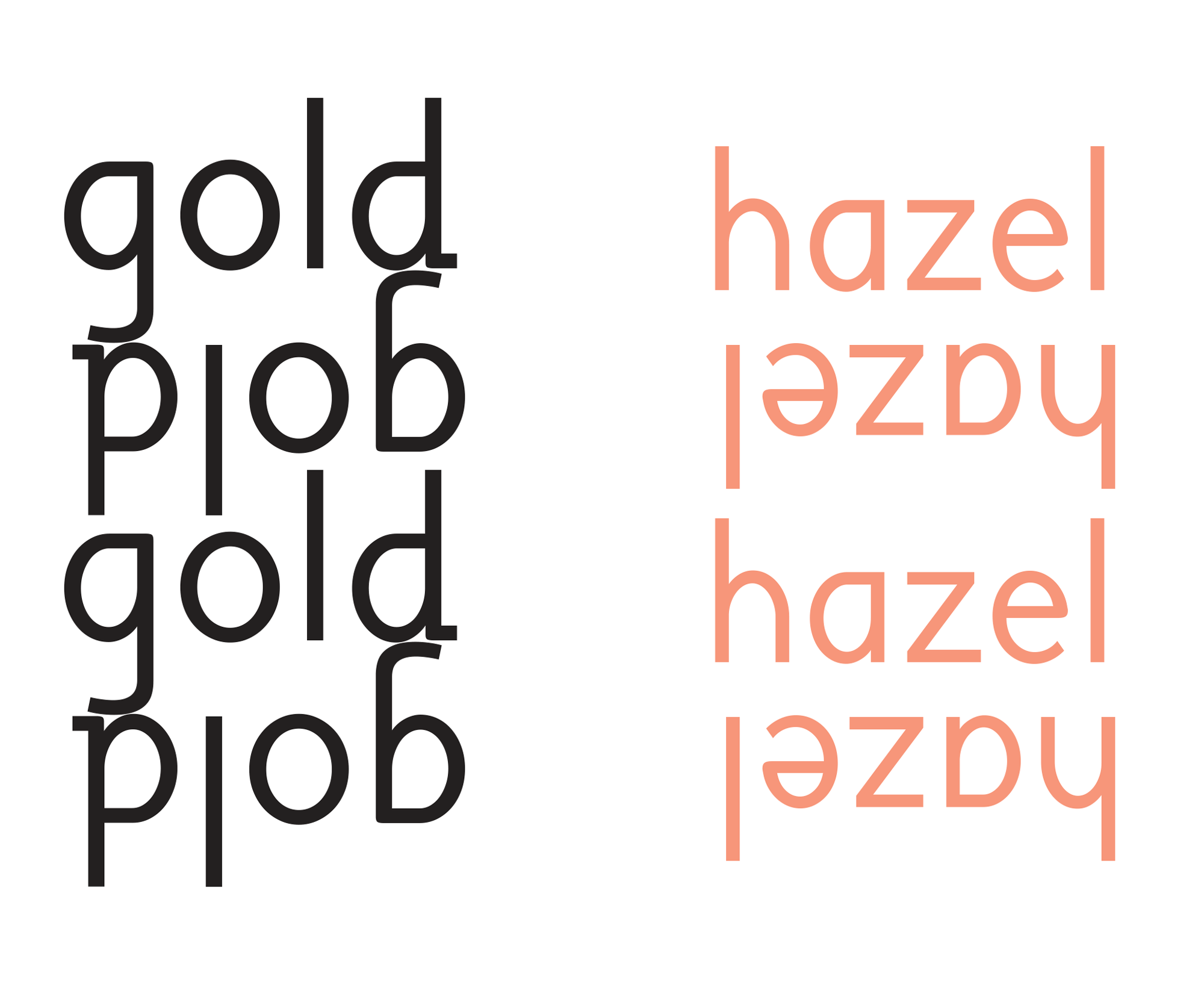 The word ‘gold’ in black on the left, then ‘hazel’ in pink on the right