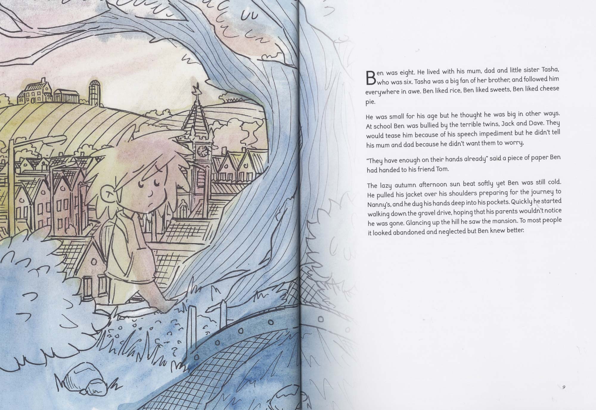 Double page spread, with a black line illustration on the left, then standard black body text on the right page