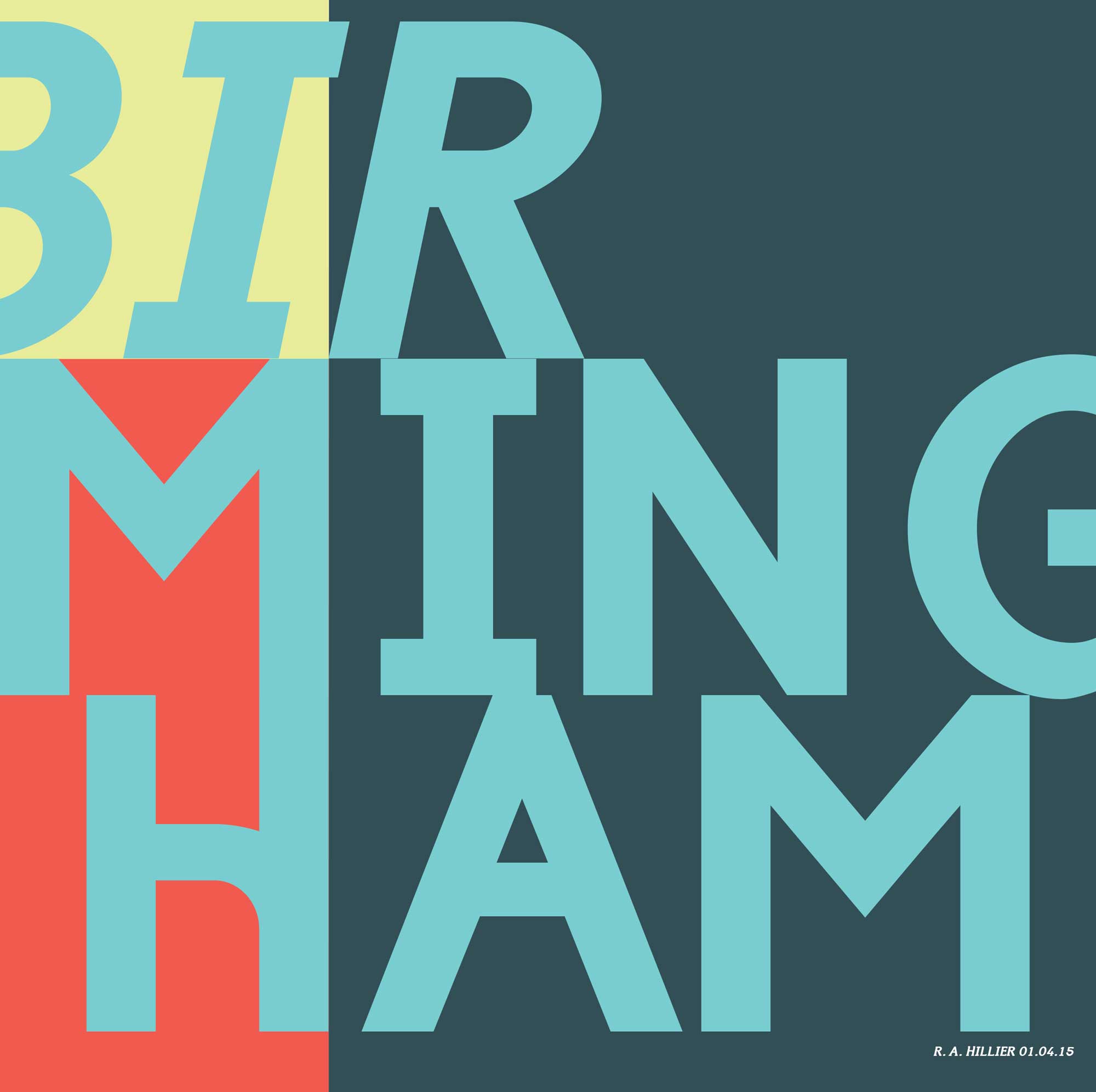 A colourful, square and rectangle grided background design, with the words ‘Birmingham’ in large italic capital letters split vertically