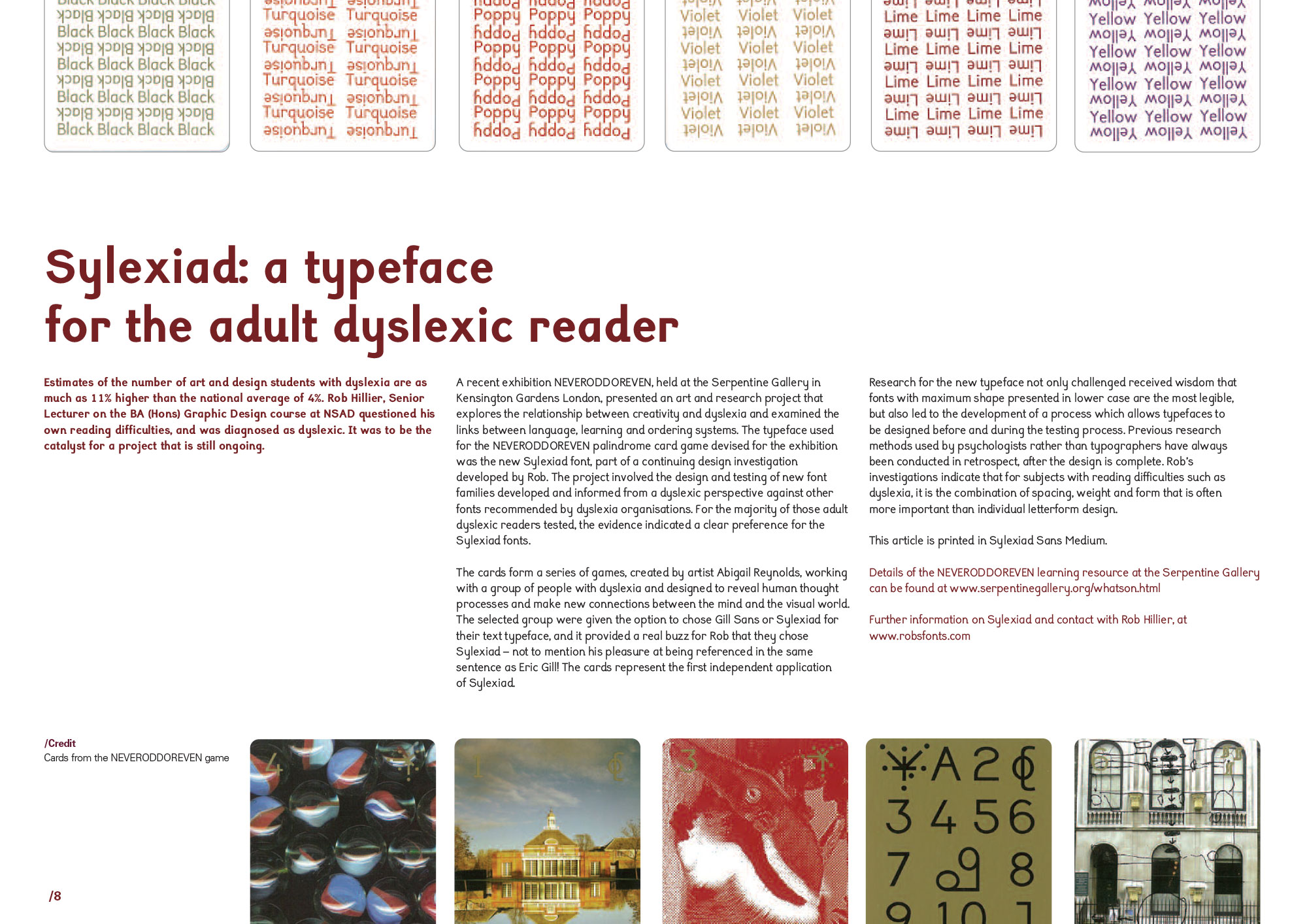 Image of a page from the magazine, shows various typographic experiments with letters, then the title ‘Sylexiad: a typeface for the adult dyslexic reader’ in dark red in the middle